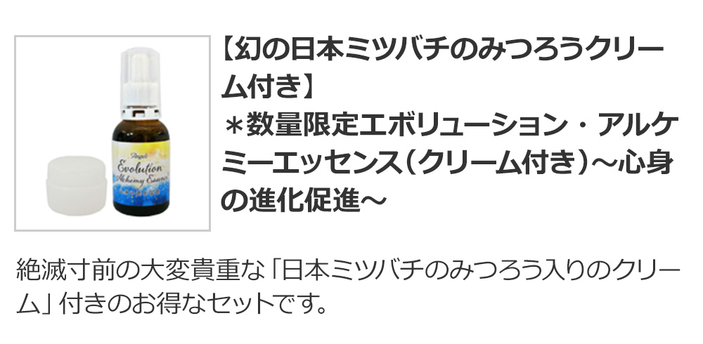 【期間限定★20％オフ】【幻の日本ミツバチのみつろうクリーム付き】＊数量限定エボリューション・アルケミーエッセンス（クリーム付き）～心身の進化促進～